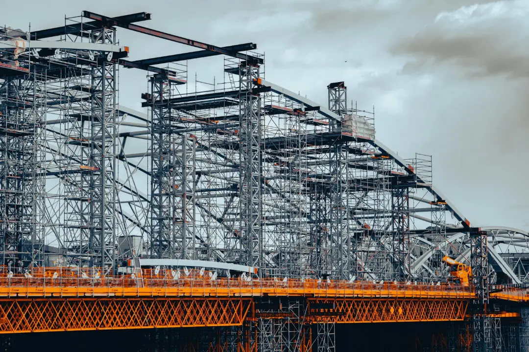 Steel falsework structure on a bridge construction site